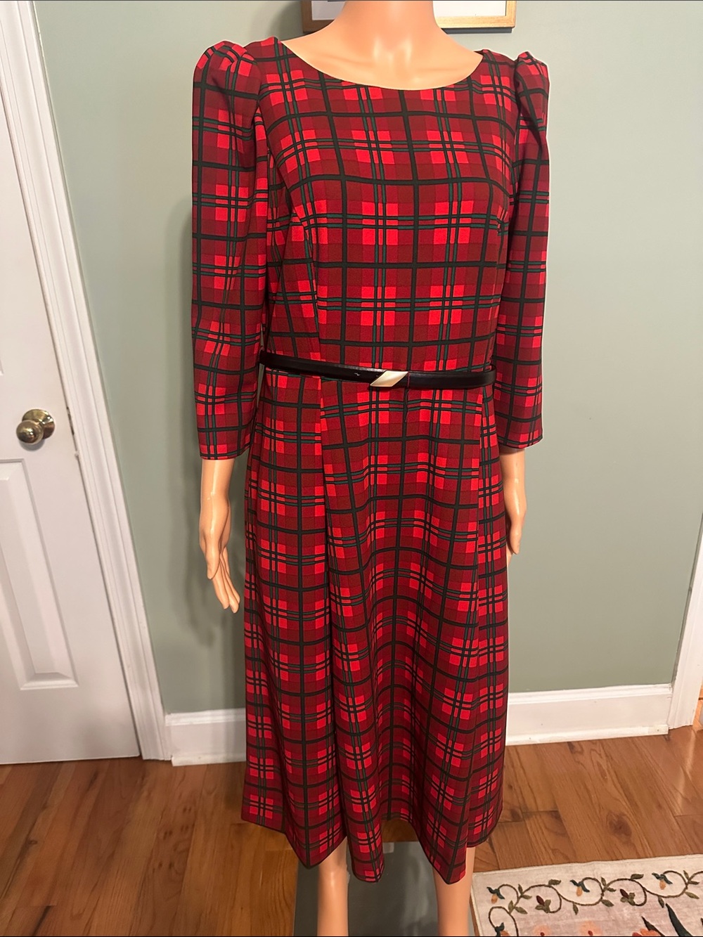 Calvin Klein Red and Black Plaid Long Sleeve Midi Dress with Belt